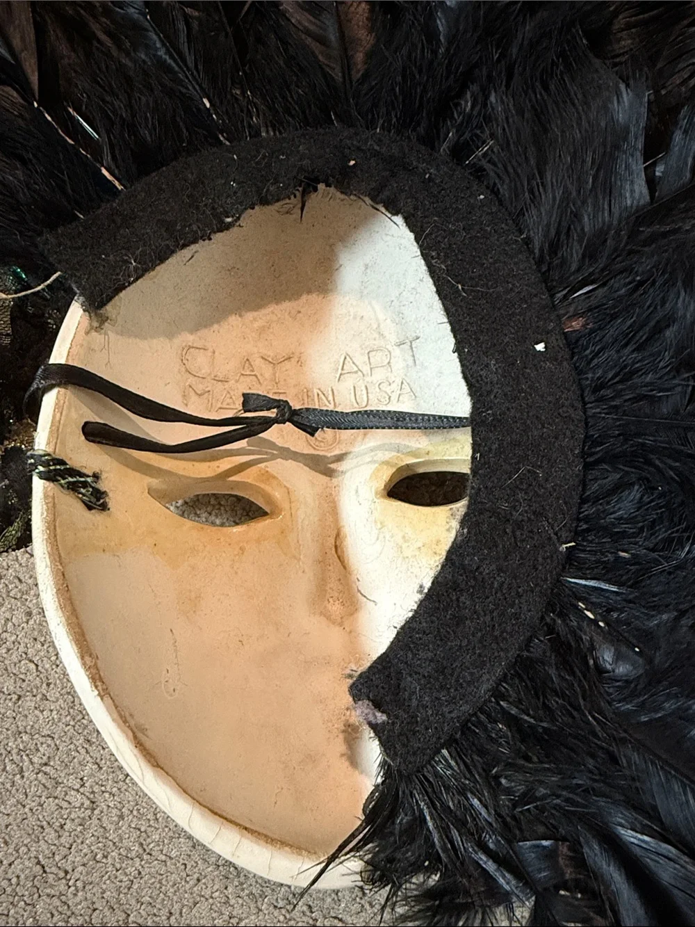 Beautiful Feathered Clay Art Mask Made in USA